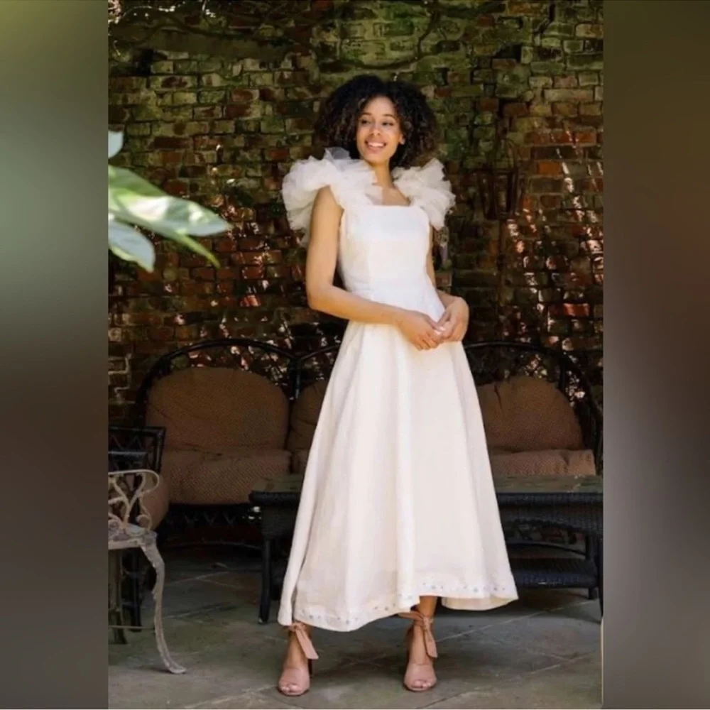 Fanm Mon White Tulle Shoulder Ruffle Maxi Dress